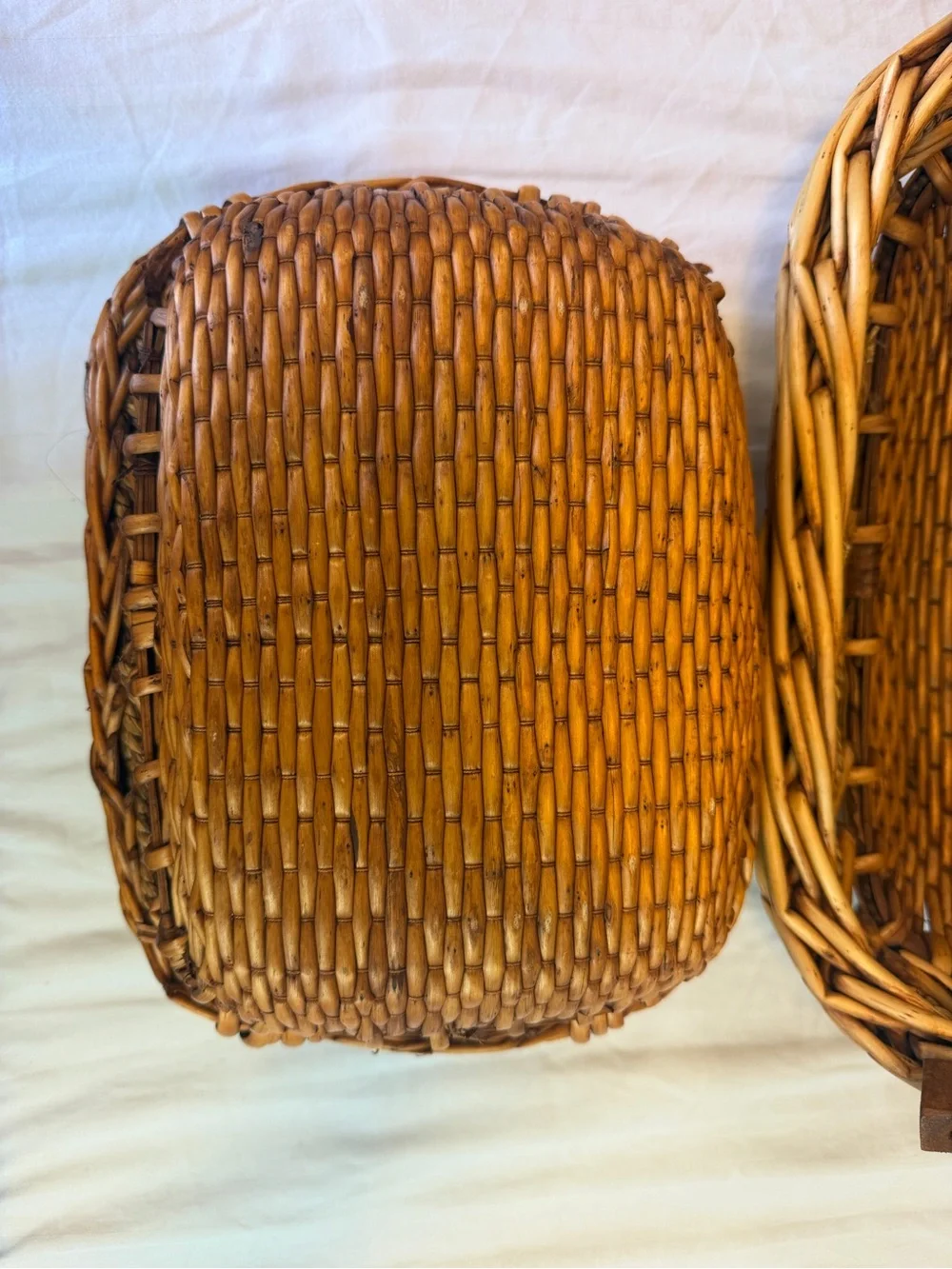 Vintage Wicker Rattan Nesting Baskets Set of 3 Wood Handles Braided Trim Cottage